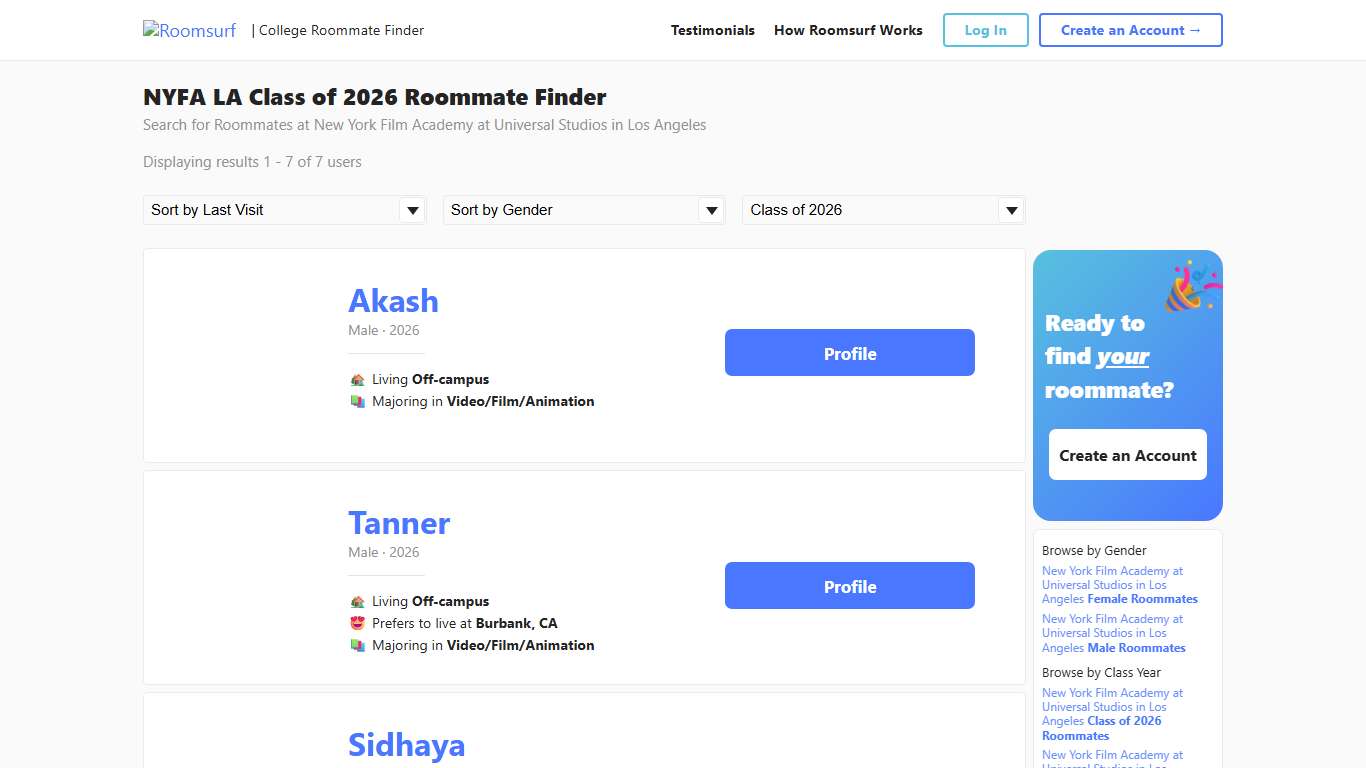 NYFA LA Class of 2026 Roommate Finder | Roomsurf